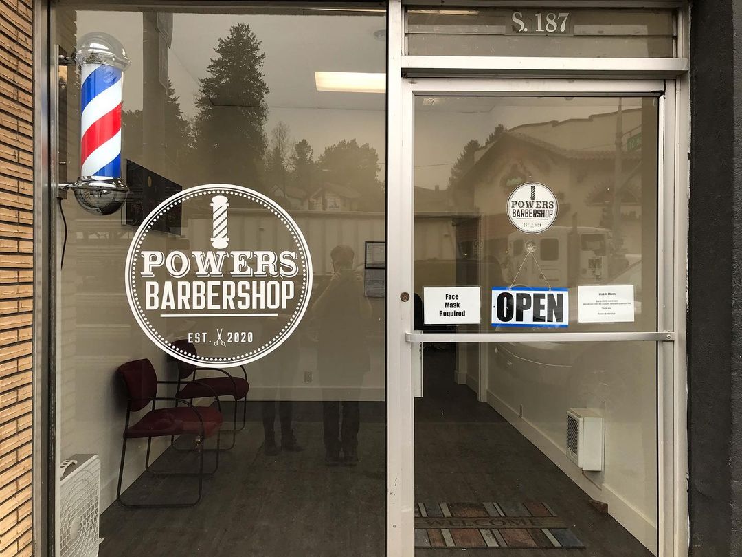 Outside of Powers Barbershop in Pullman Washington